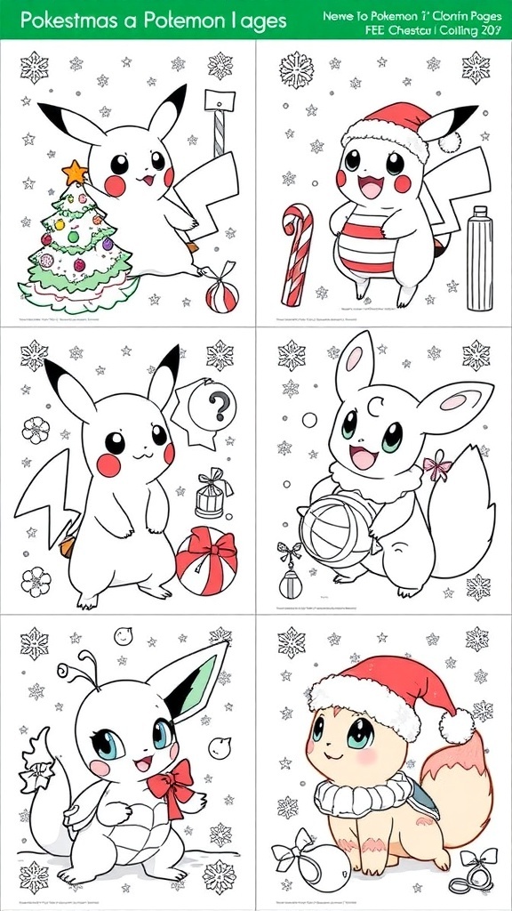 A variety of Christmas Pokémon coloring pages showcasing different Pokémon characters in holiday scenes.